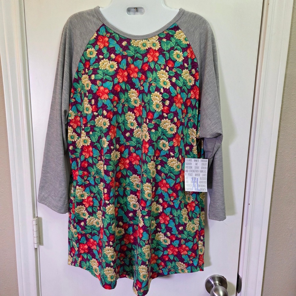 LuLaRoe Randy Floral T-Shirt Dress Gray Raglan 3/4 Sleeve Large NWT